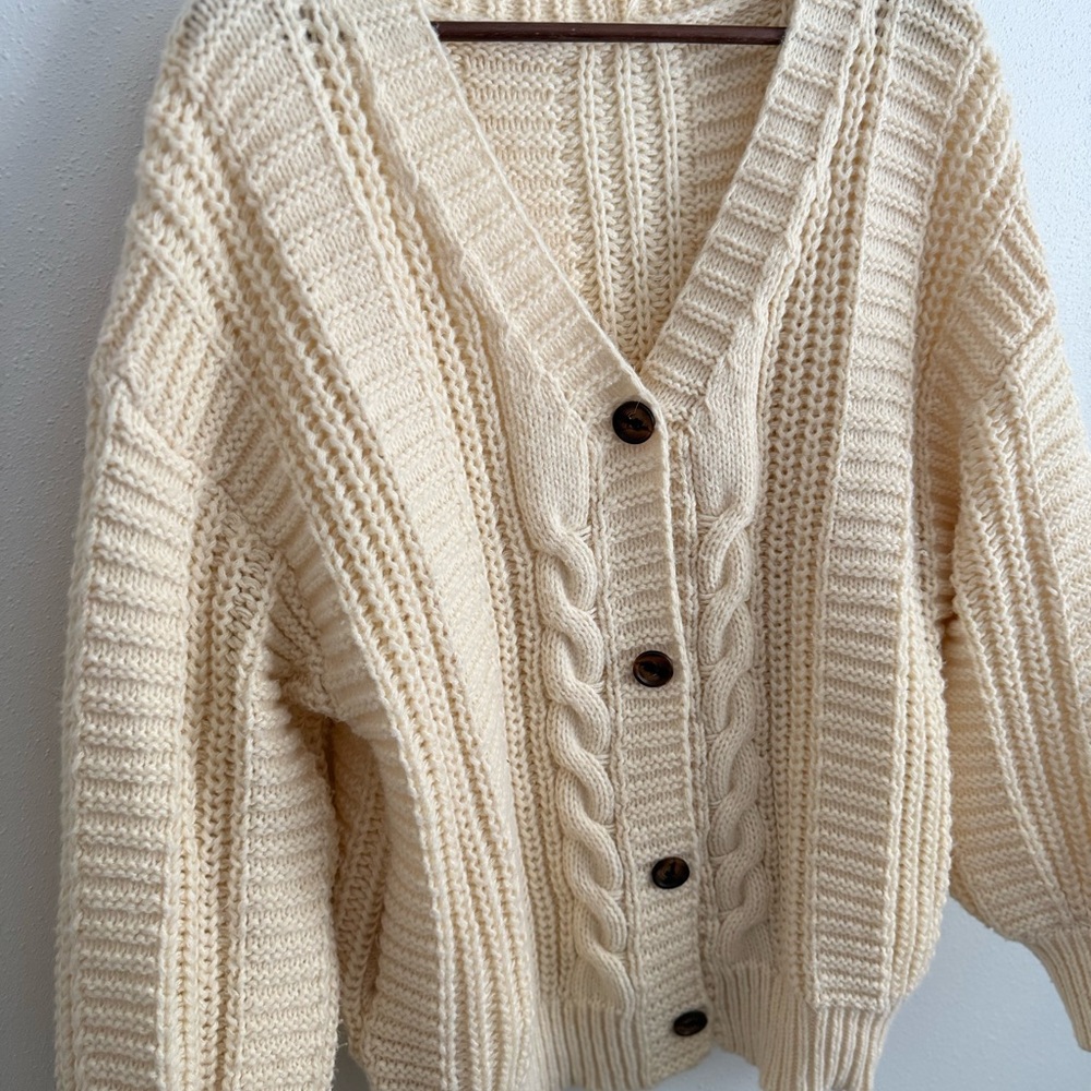 Chunky Cable Knit Cardigan Cream Oversized Fisherman Grandpa Sweater - Picture 7 of 15